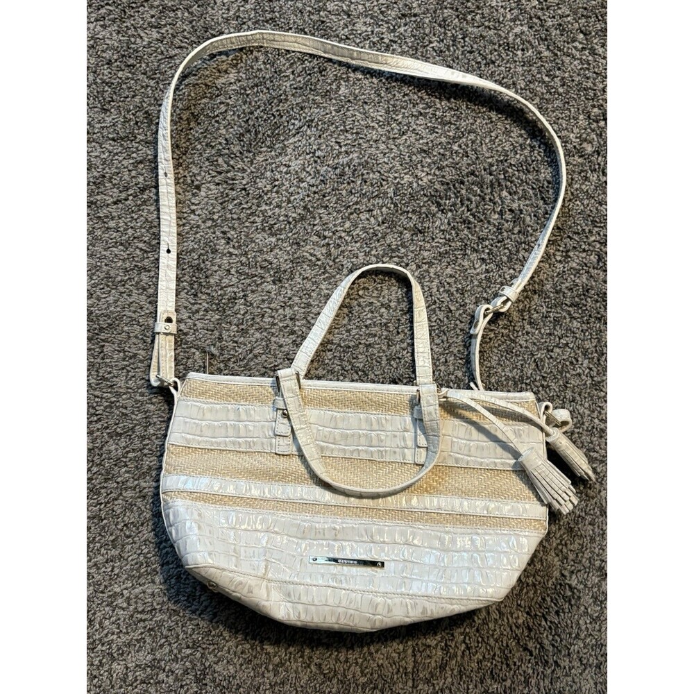 Brahmin Women’s Woven Cream Colored Crossbody Bag Tassels